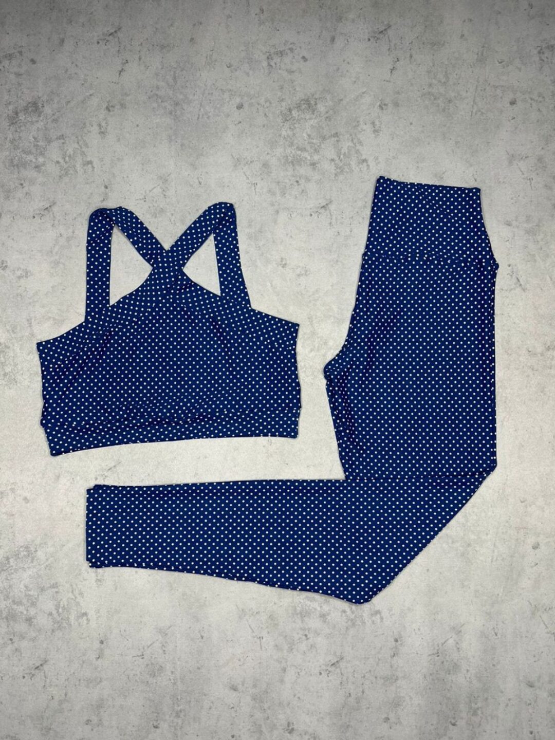 Legging Básica Suplex + Top Cropped - Poá Azul Marinho/ Branco
