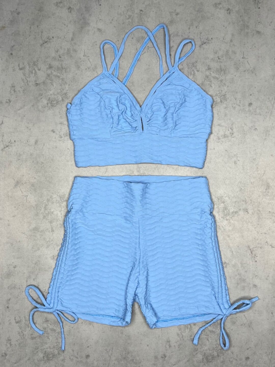 Short Cross + Top Camila - Textura Ondas Azul Bebê