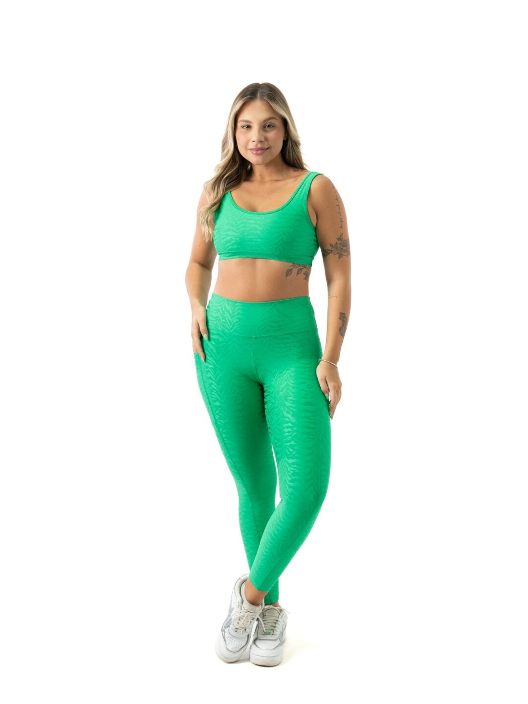 Legging c/ Bolso + Top Anna – Jacquard Animal Print Verde Primavera
