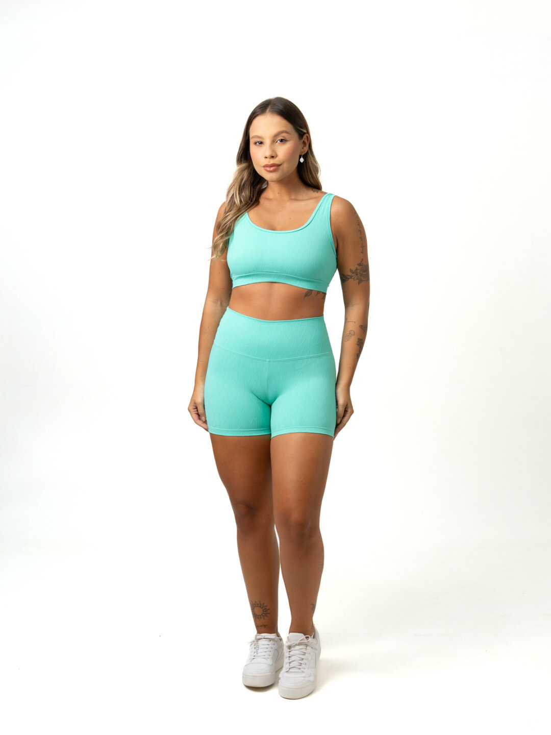 Short Básico + Top Anna - Textura Maré Verde Água