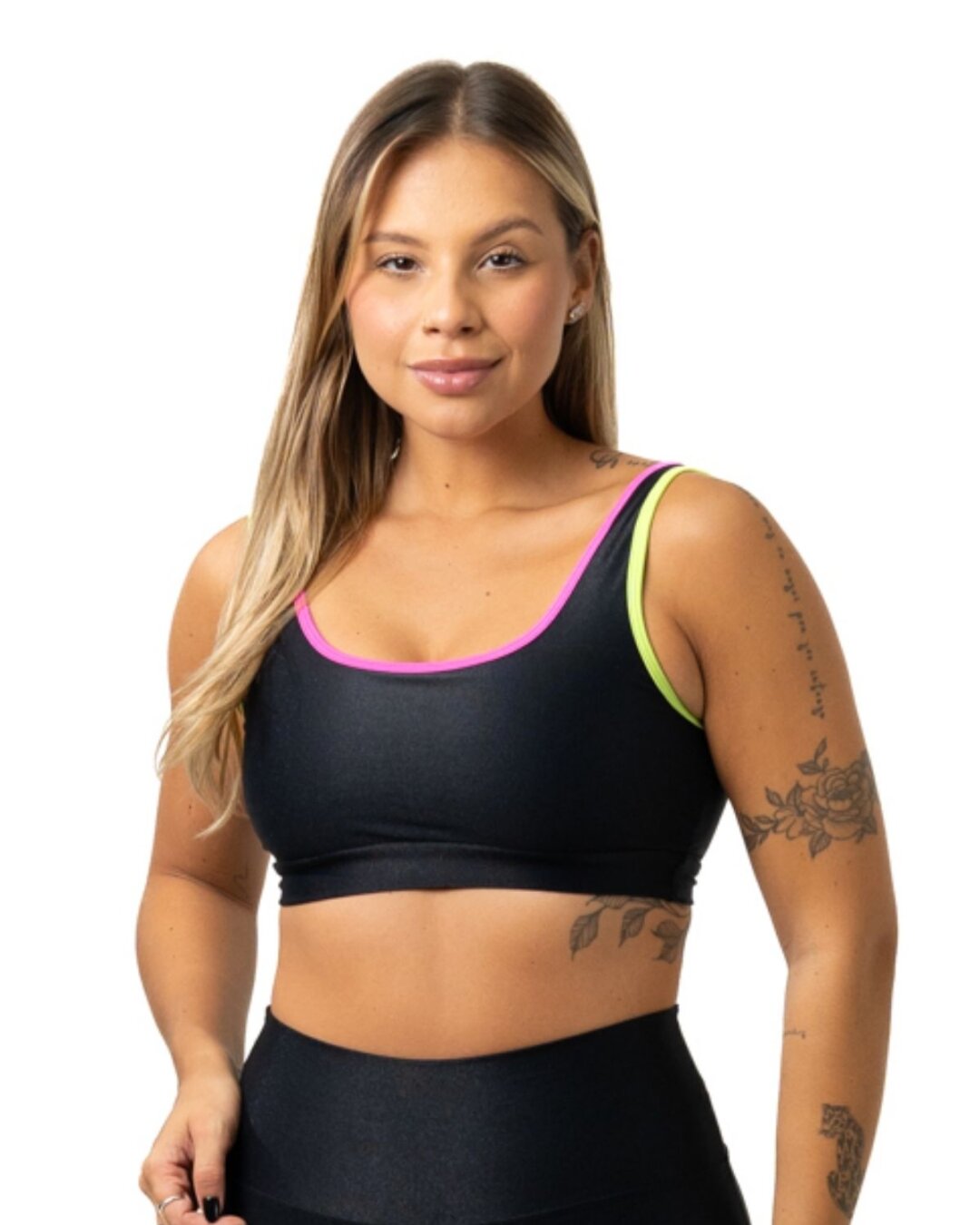 Top Anna Avulso - Compressão Preto/Verde Lima/Rosa Barbie - M