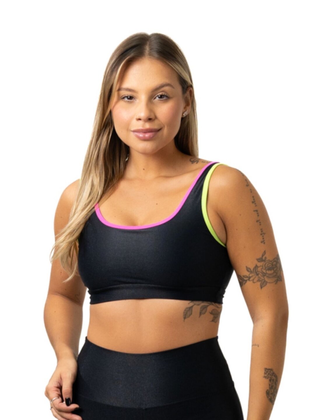 Top Anna Avulso - Compressão Preto/Verde Lima/Rosa Barbie