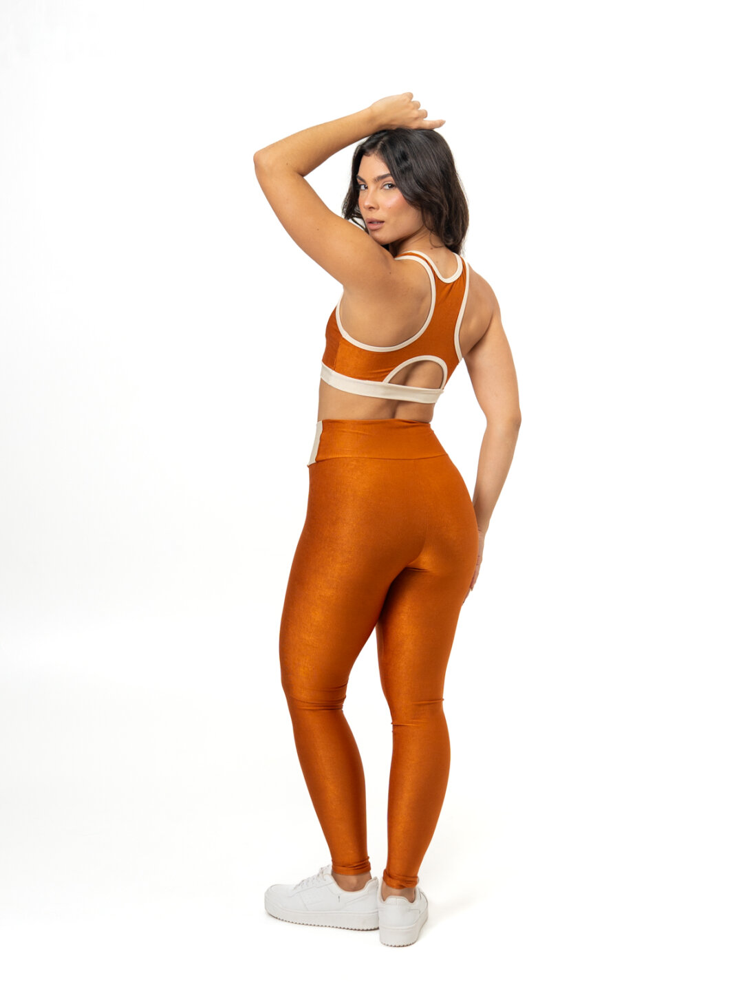 Legging Bicolor Cós Cruzado + Top Aline – Compressão Ferrugem/Off White - Image 2