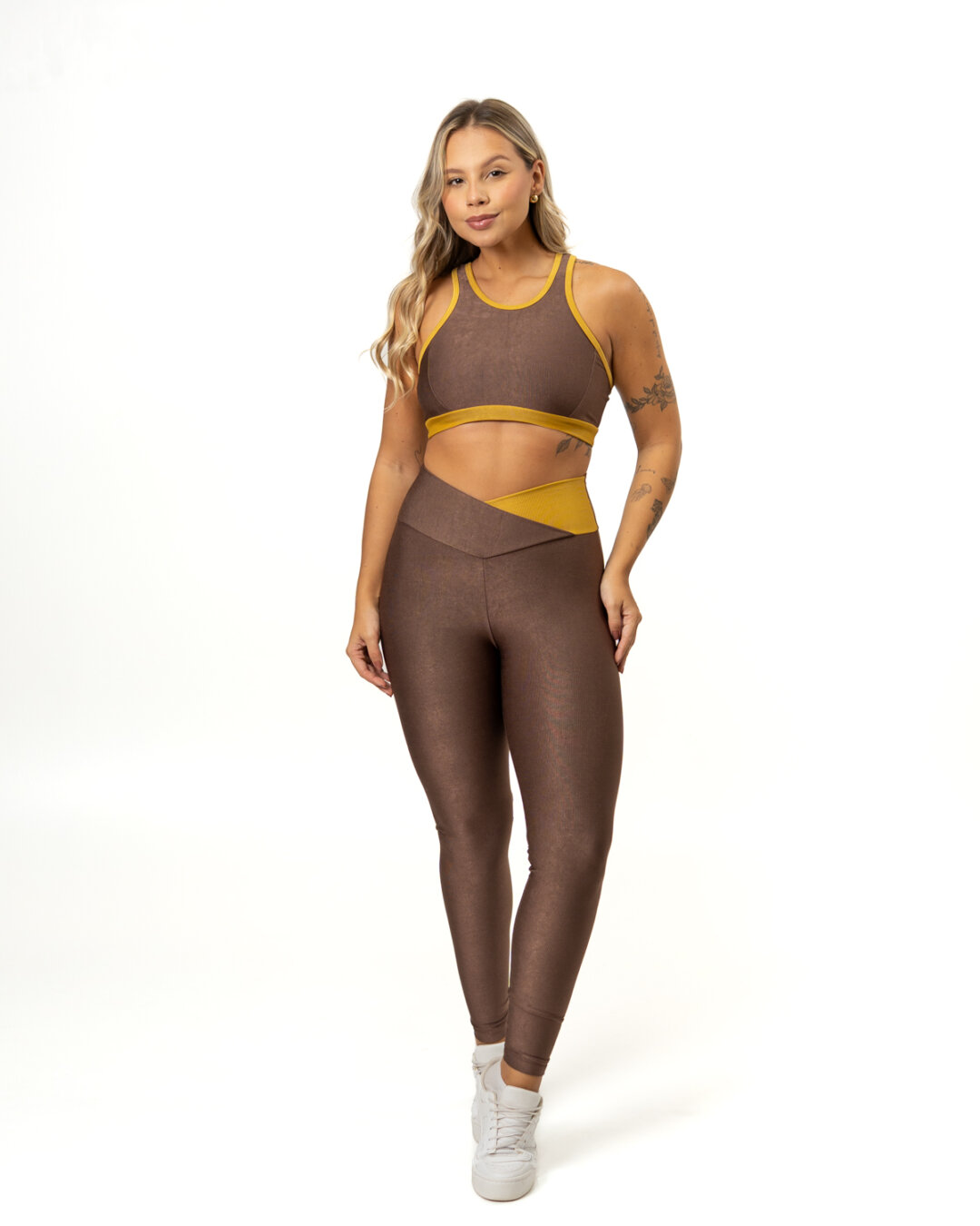 Legging Bicolor Cós Cruzado + Top Aline – Compressão Expresso/Mostarda - G