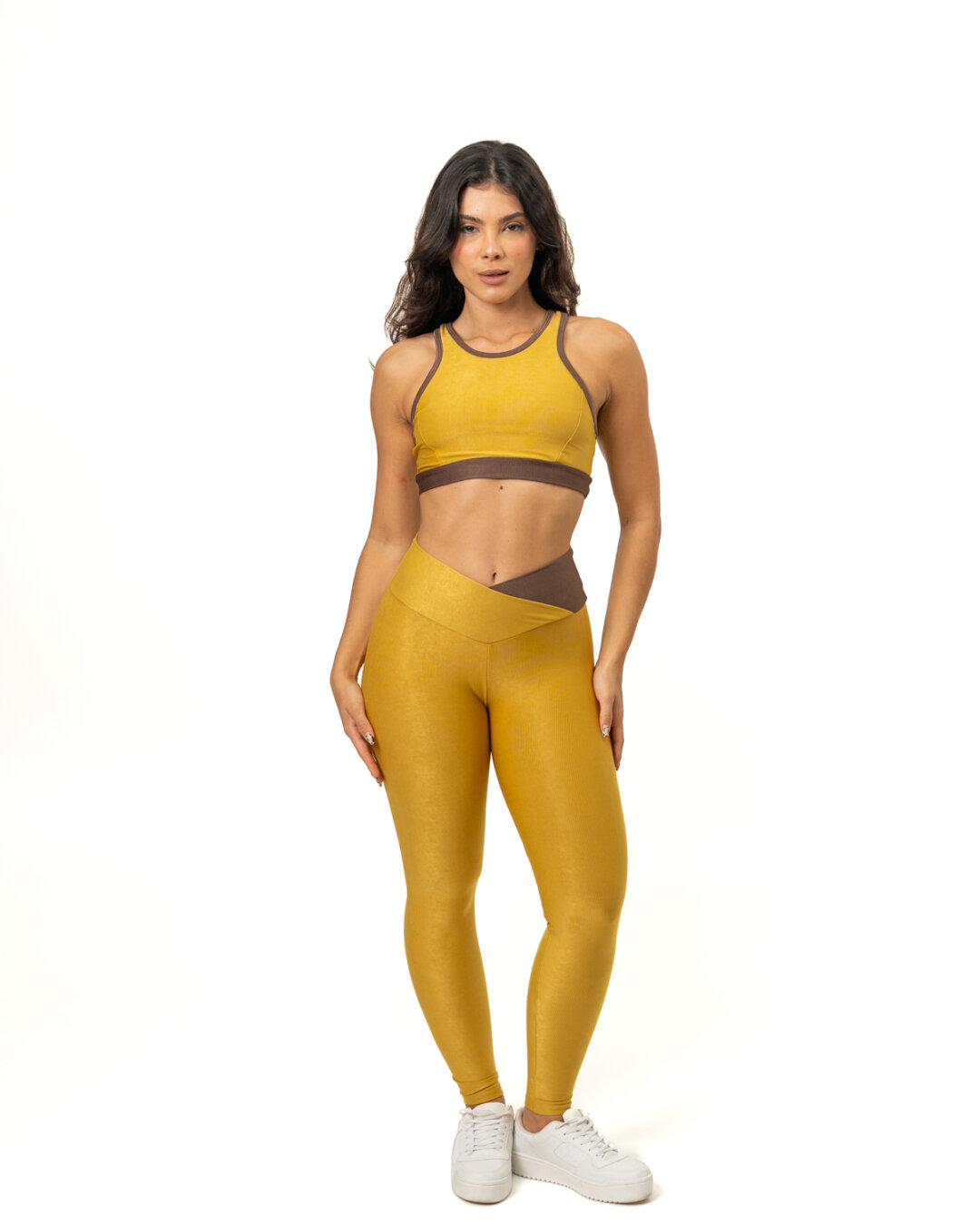 Legging Bicolor Cós Cruzado + Top Aline – Compressão Mostarda/Expresso