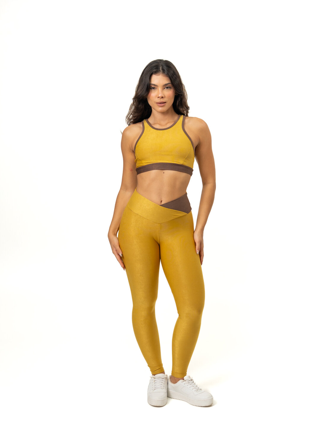 Legging Bicolor Cós Cruzado + Top Aline – Compressão Mostarda/Expresso
