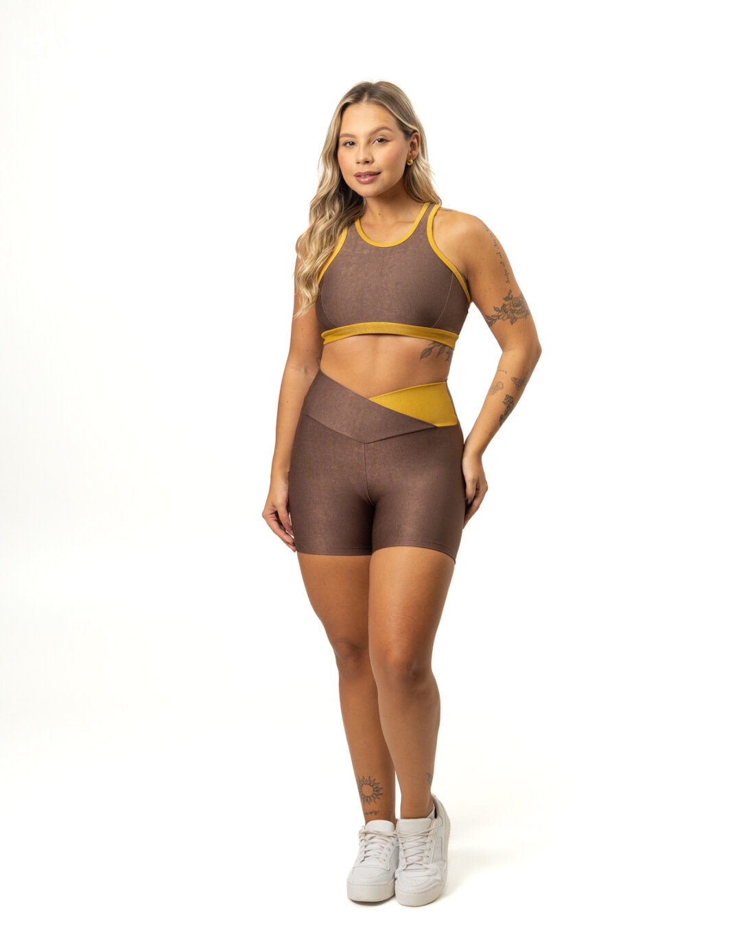 Short Bicolor Cós Cruzado + Top Aline - Compressão Expresso/Mostarda