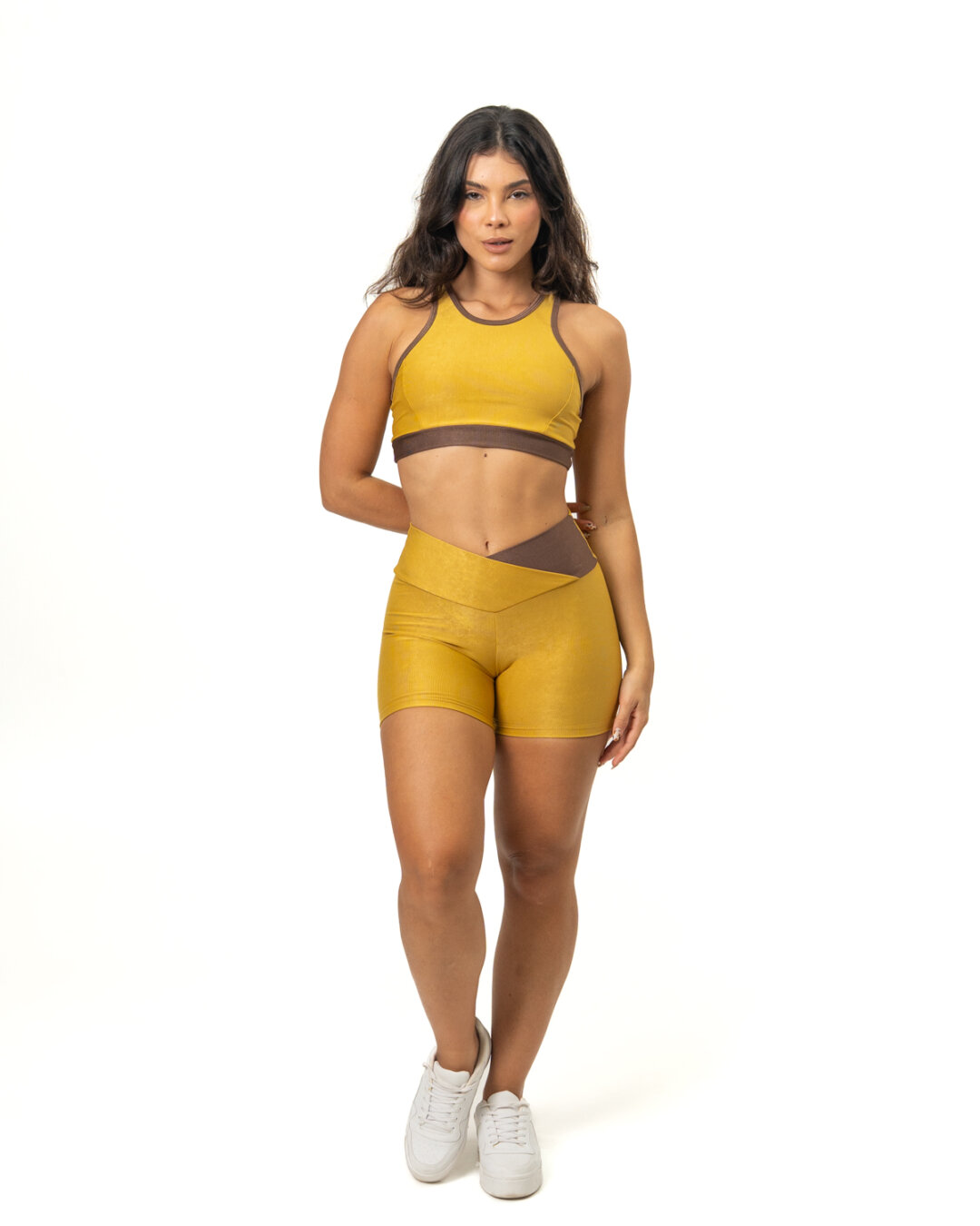 Short Bicolor Cós Cruzado + Top Aline - Compressão Mostarda/Expresso