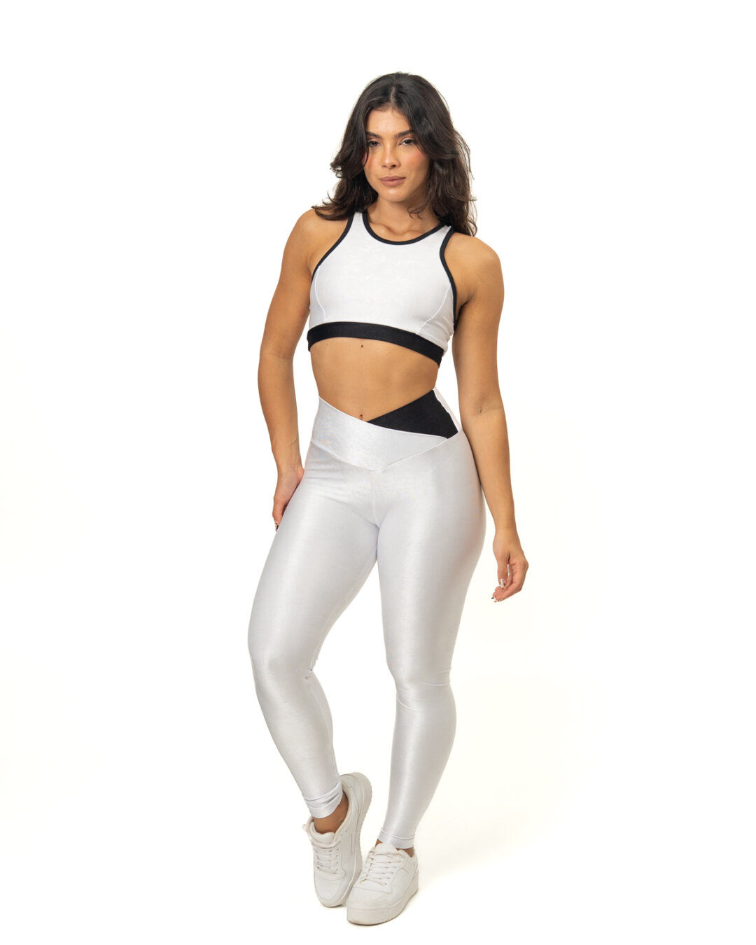 Legging Bicolor Cós Cruzado + Top Aline – Compressão Branco/Preto - G