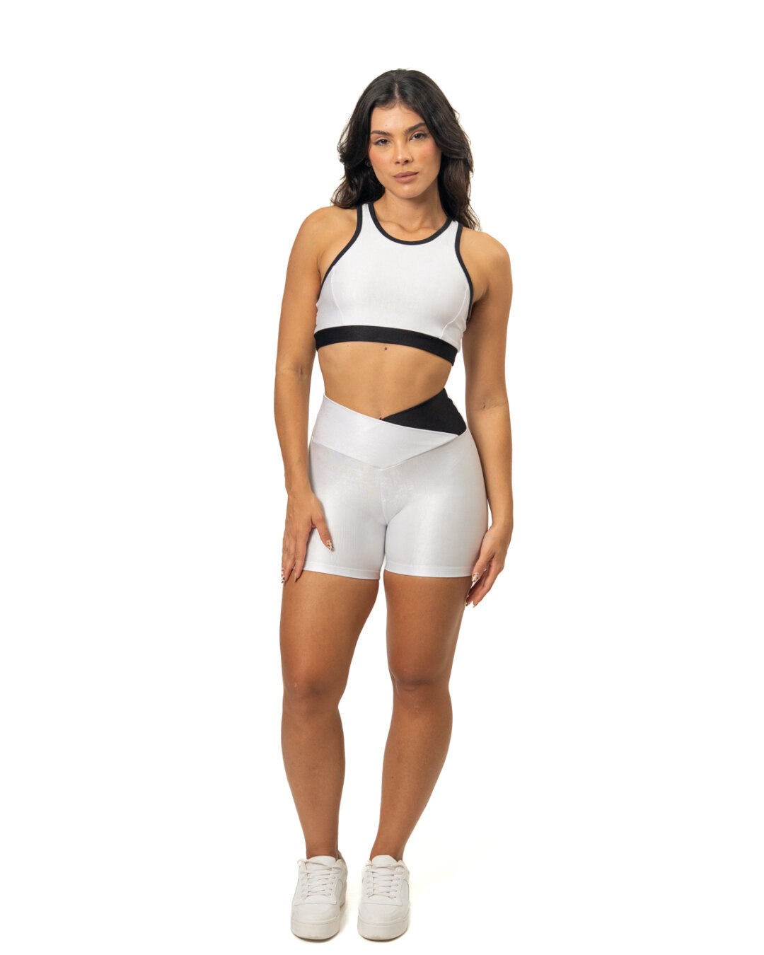 Short Bicolor Cós Cruzado + Top Aline - Compressão Branco/Preto