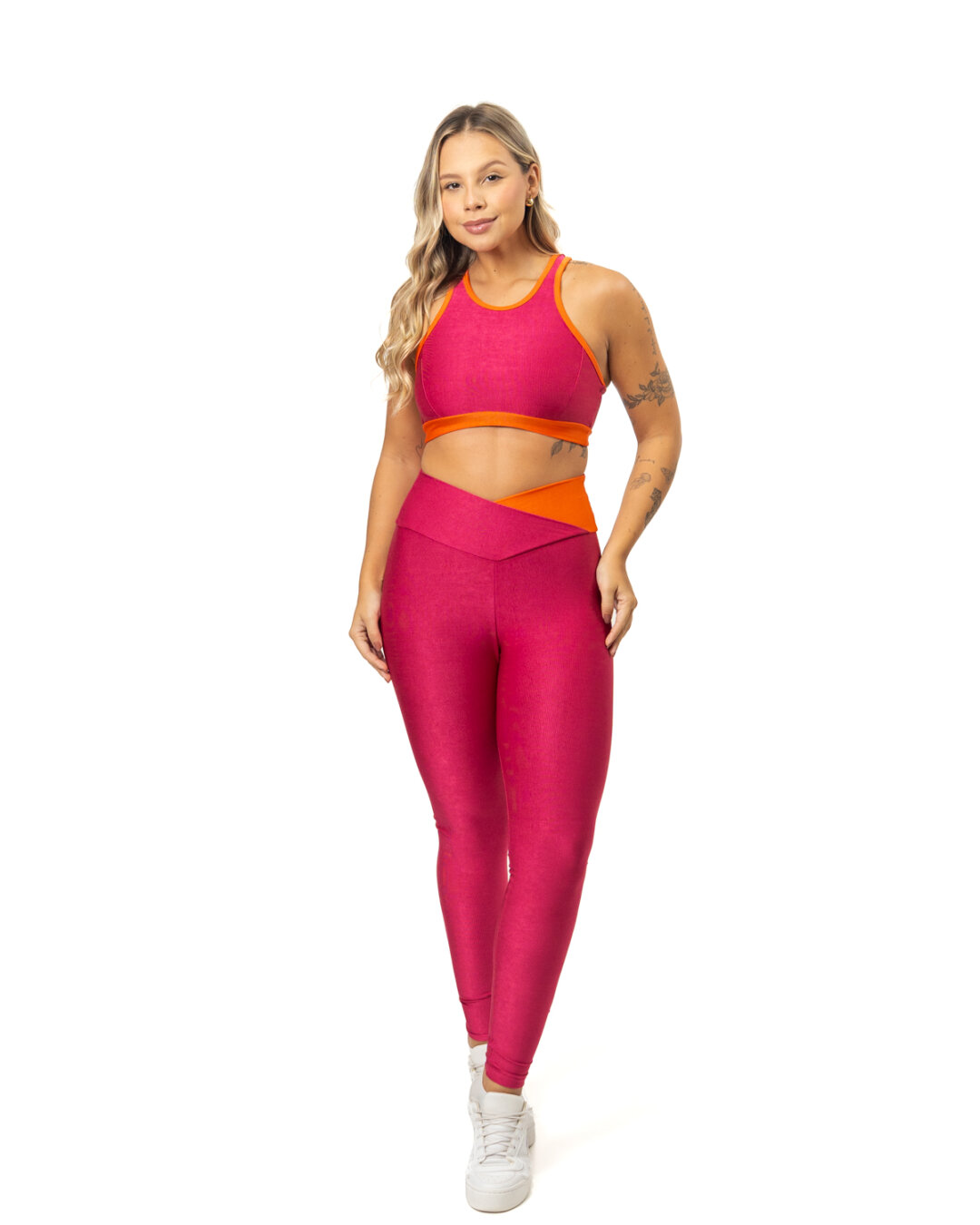 Legging Bicolor Cós Cruzado + Top Aline – Compressão Rosa Pink/Laranja