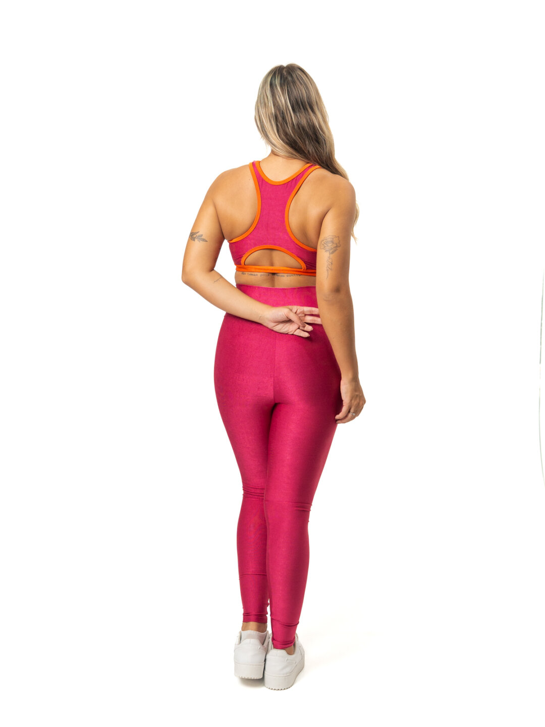 Legging Bicolor Cós Cruzado + Top Aline – Compressão Rosa Pink/Laranja - Image 2