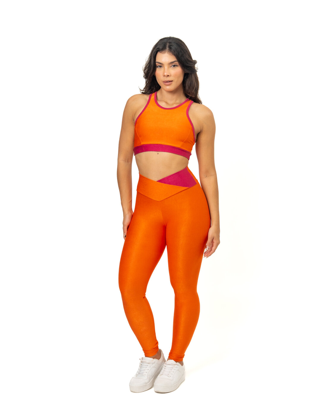 Legging Bicolor Cós Cruzado + Top Aline – Compressão Laranja/Rosa Pink