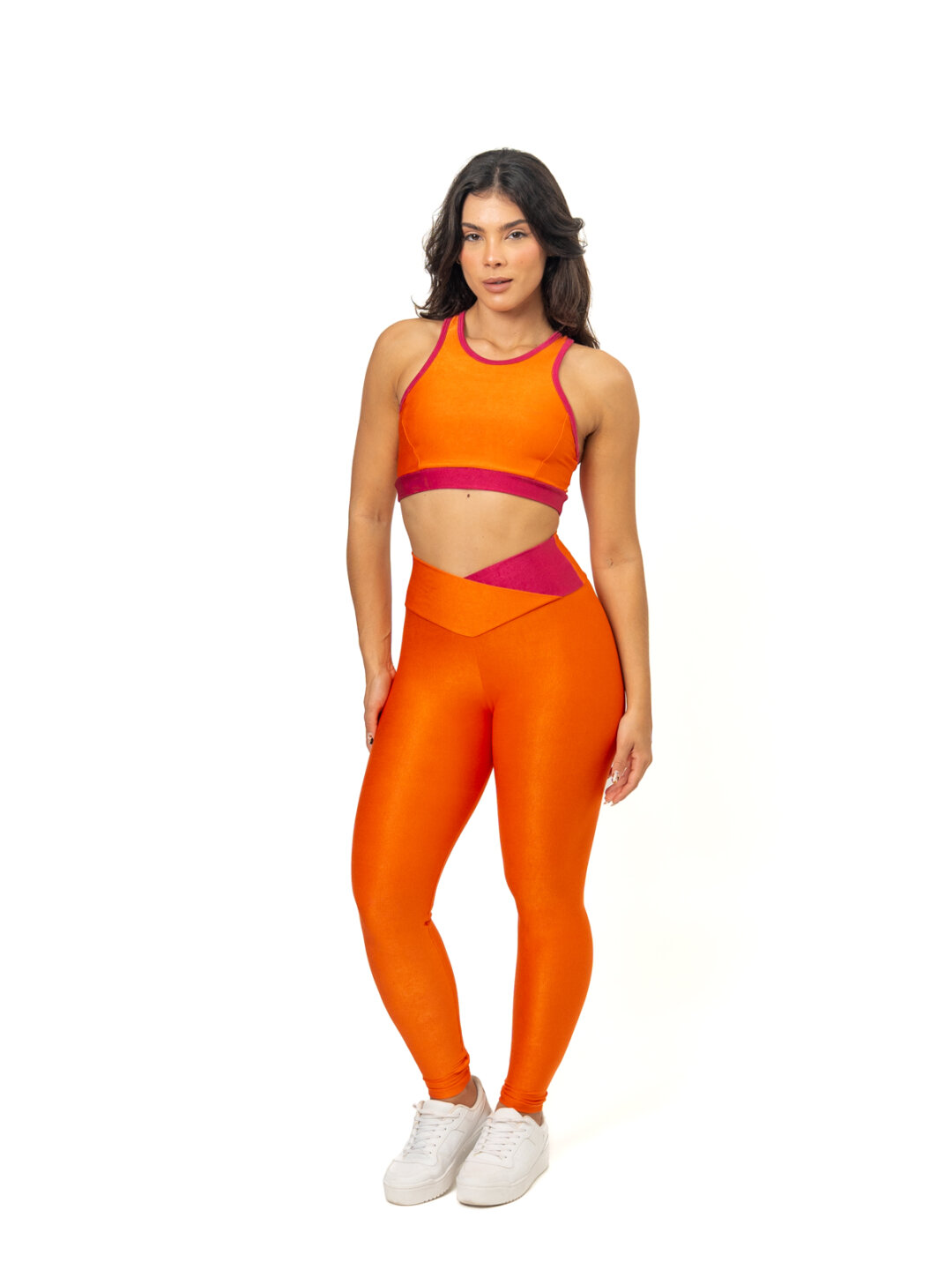 Legging Bicolor Cós Cruzado + Top Aline – Compressão Laranja/Rosa Pink