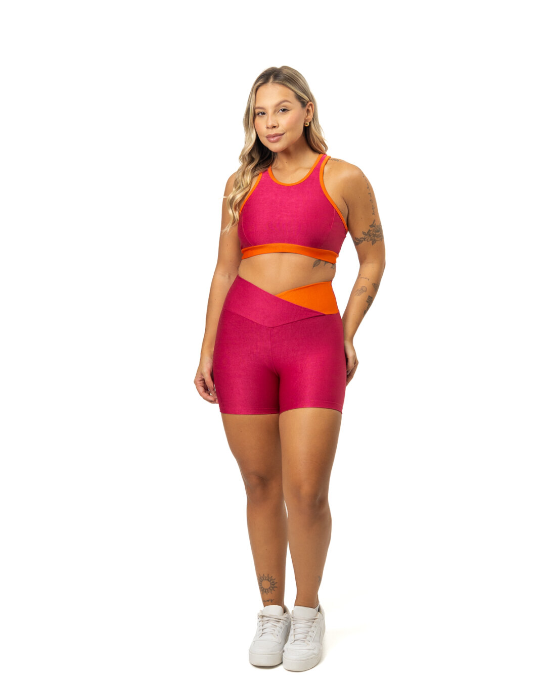 Short Bicolor Cós Cruzado + Top Aline - Compressão Rosa Pink/Laranja