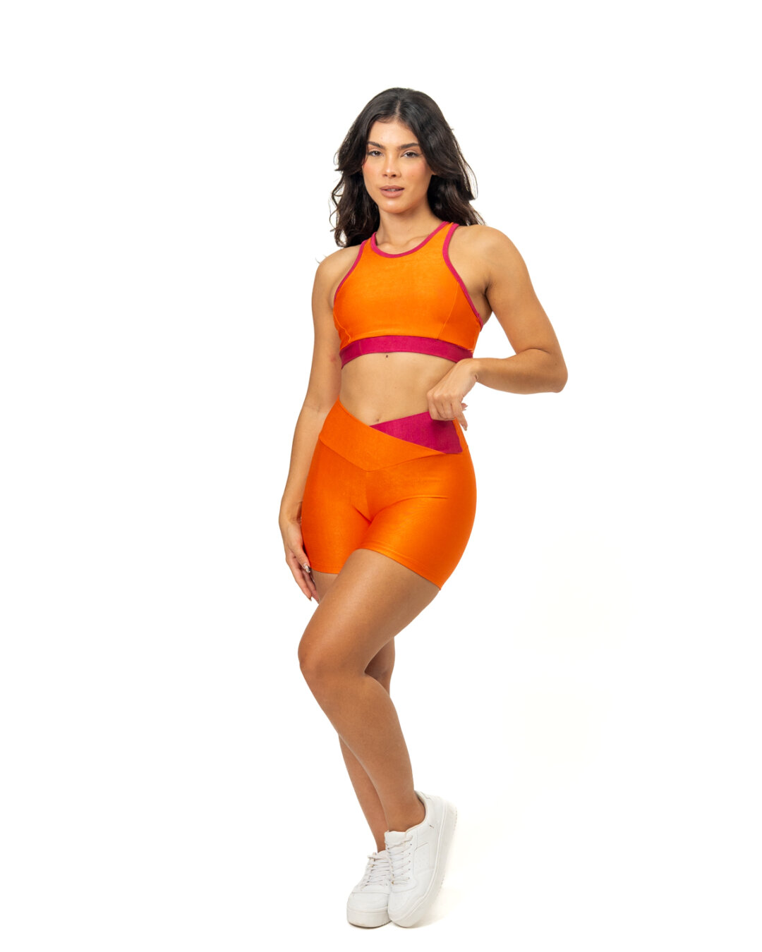 Short Bicolor Cós Cruzado + Top Aline - Compressão Laranja/Rosa Pink