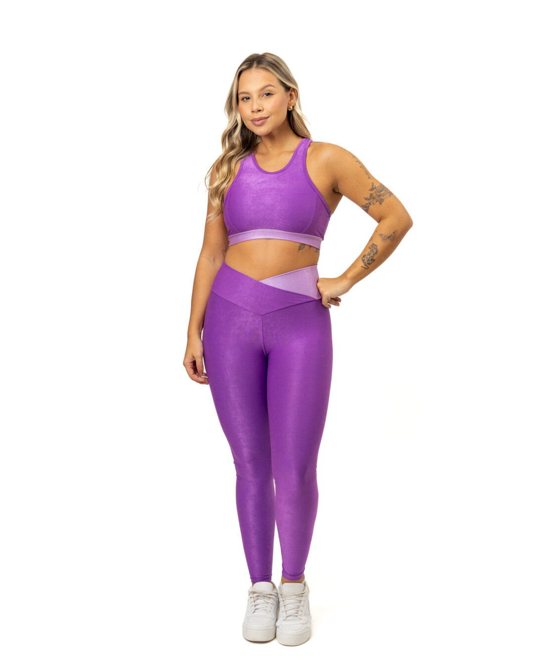 Legging Bicolor Cós Cruzado + Top Aline – Compressão Violeta/Pale lilac