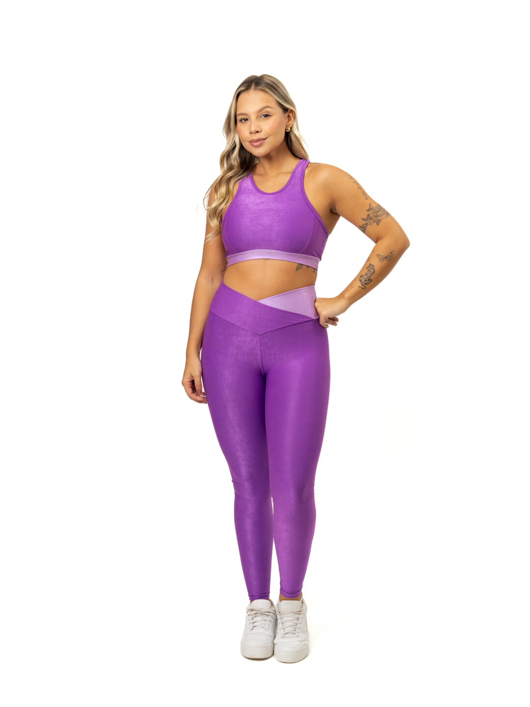 Legging Bicolor Cós Cruzado + Top Aline – Compressão Violeta/Pale lilac