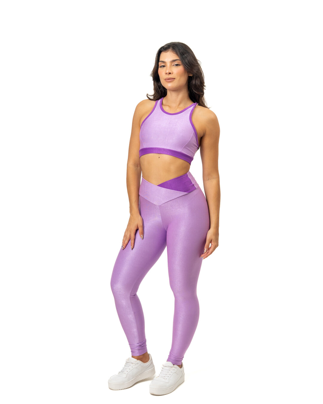 Legging Bicolor Cós Cruzado + Top Aline – Compressão Pale Lilac/Violeta