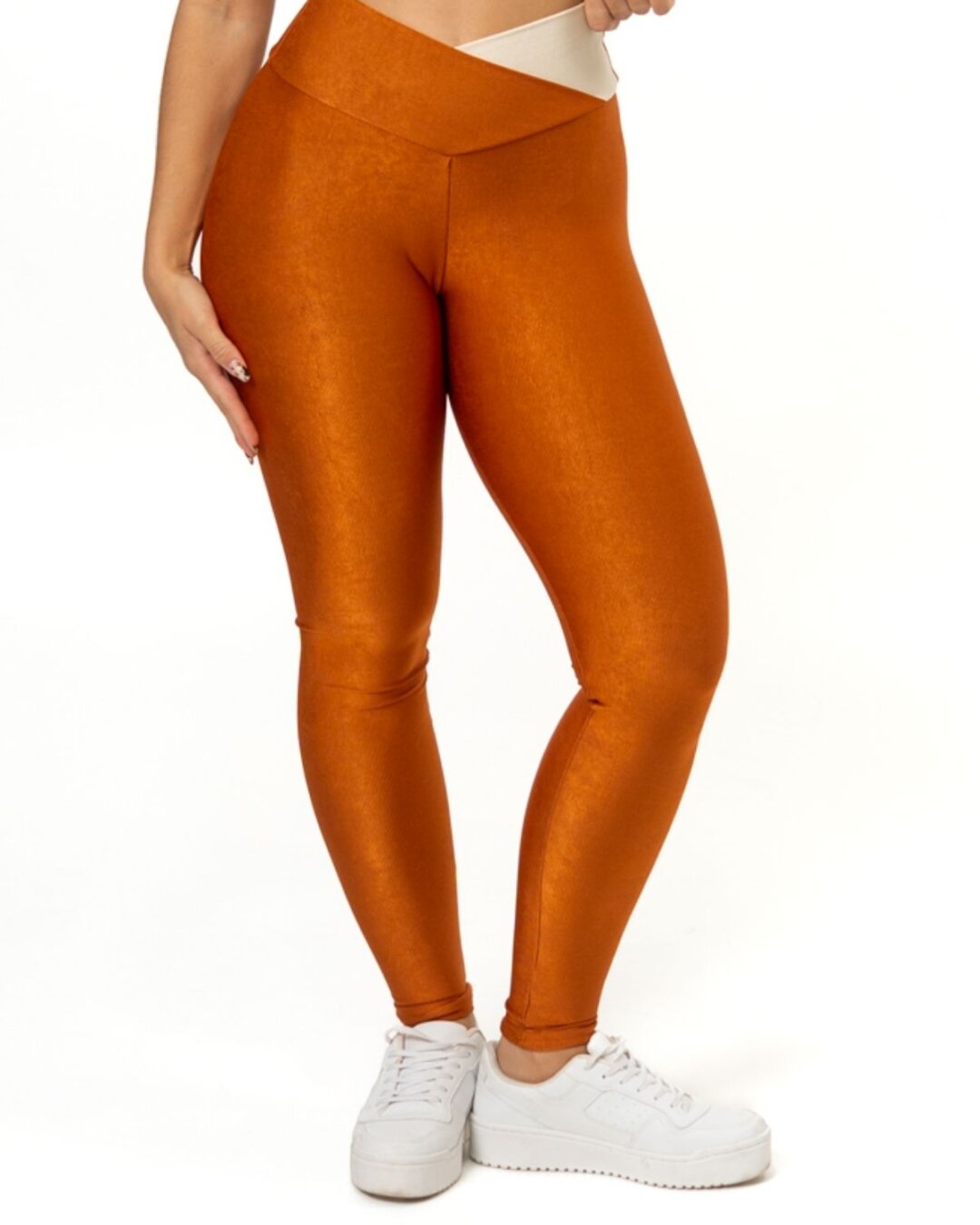 Legging Bicolor Cós Cruzado Avulsa - Compressão Ferrugem/Off White