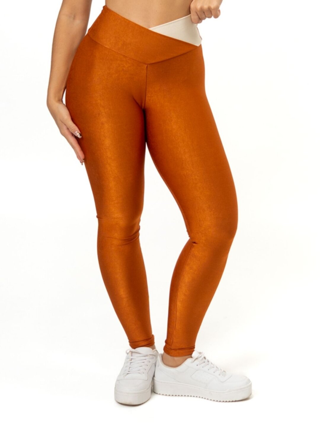 Legging Bicolor Cós Cruzado Avulsa - Compressão Ferrugem/Off White