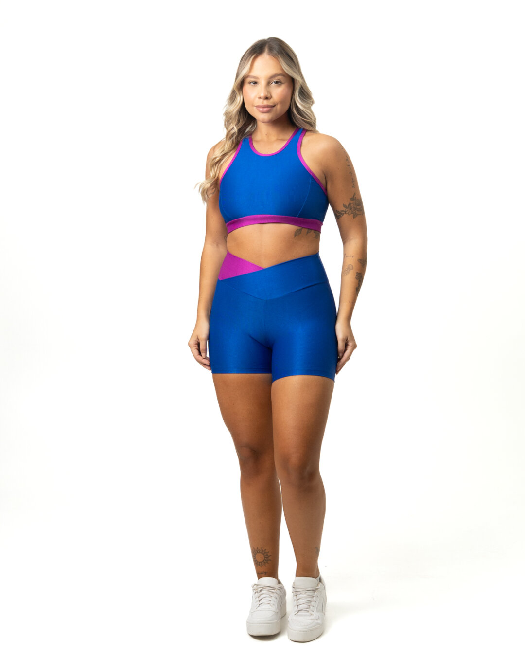 Short Bicolor Cós Cruzado + Top Aline - Compressão Azul Royal/Púrpura - M
