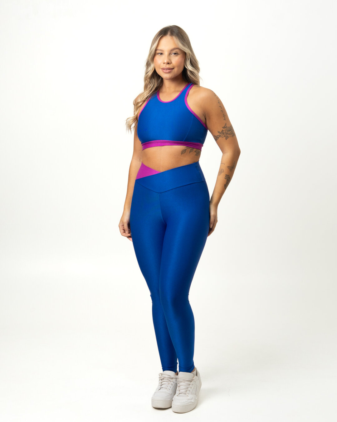 Legging Bicolor Cós Cruzado + Top Aline – Compressão Azul Royal/Púrpura - M