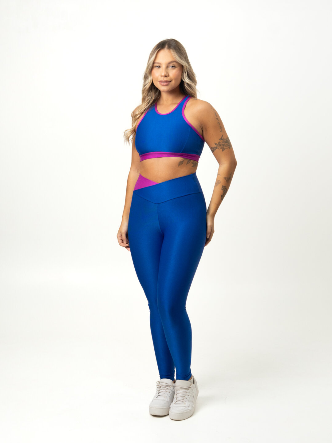 Legging Bicolor Cós Cruzado + Top Aline – Compressão Azul Royal/Púrpura
