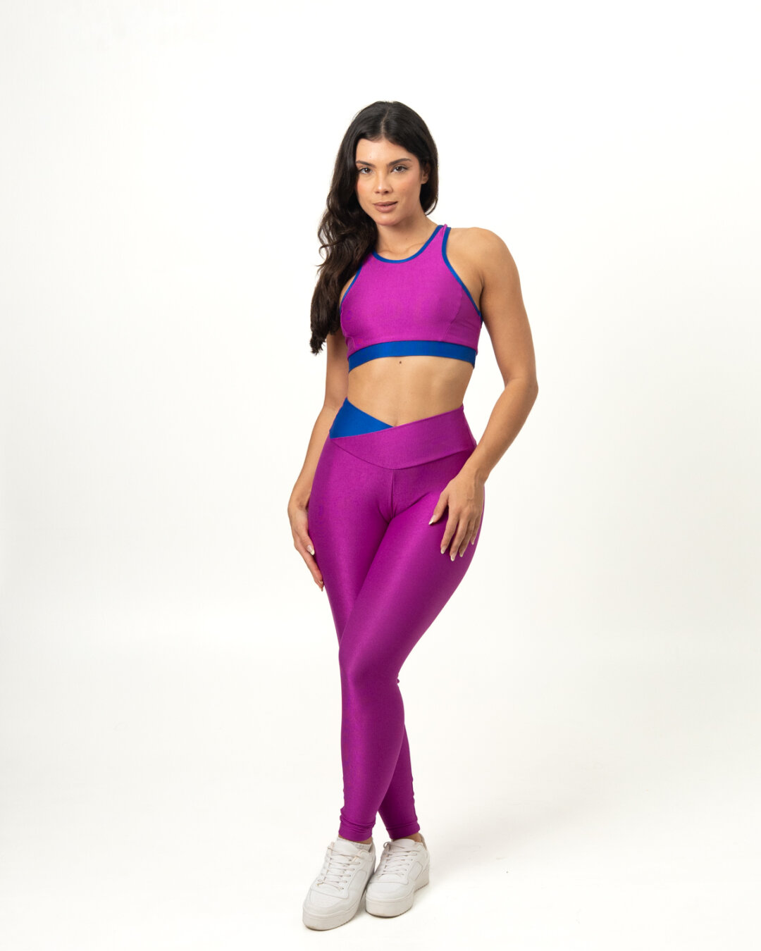 Legging Bicolor Cós Cruzado + Top Aline – Compressão Púrpura/Azul Royal - M