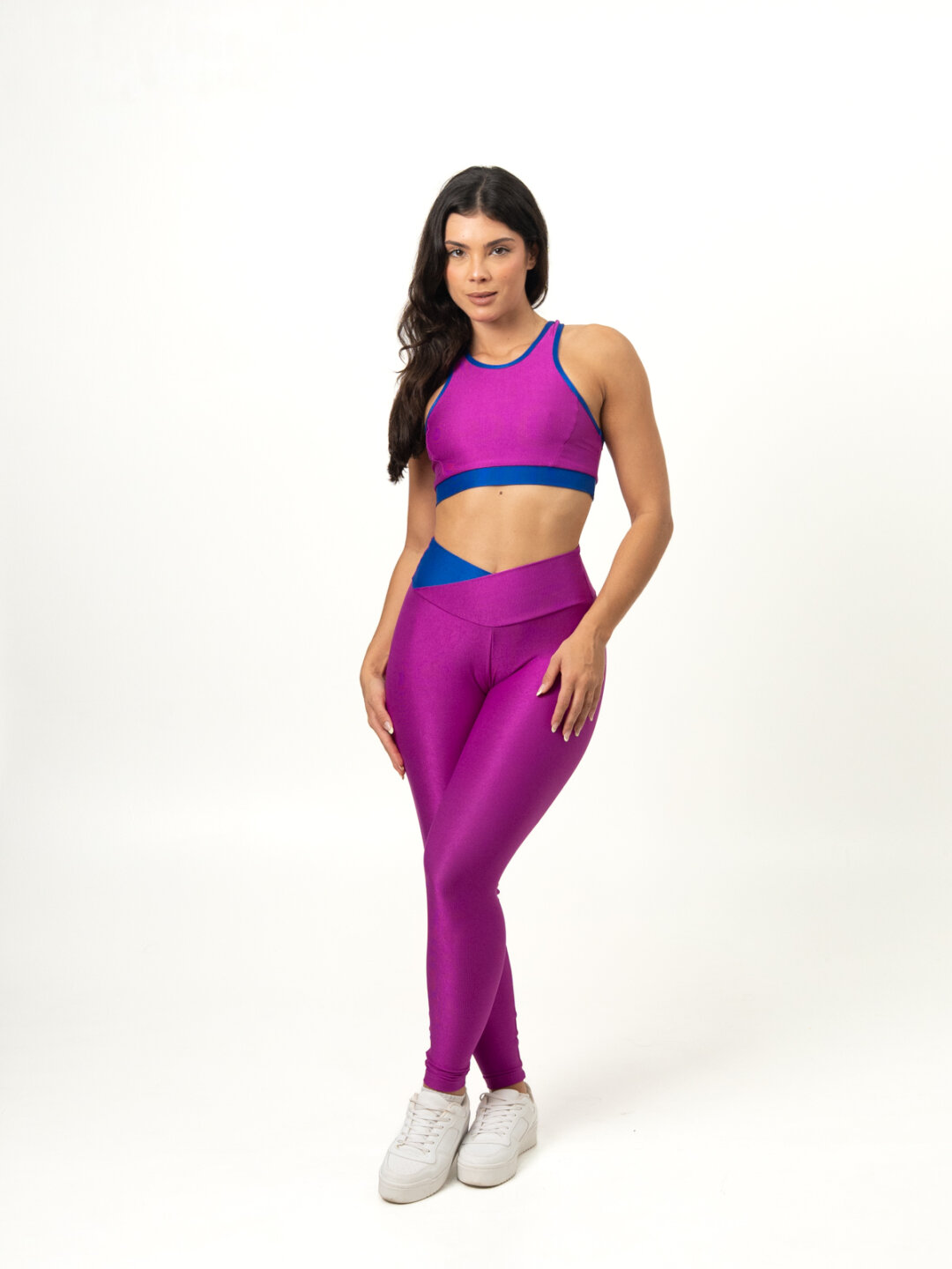Legging Bicolor Cós Cruzado + Top Aline – Compressão Púrpura/Azul Royal