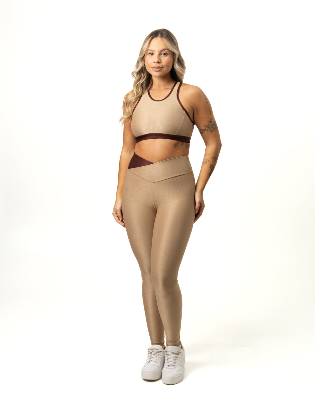 Legging Bicolor Cós Cruzado + Top Aline – Compressão Nude/Cacau - M
