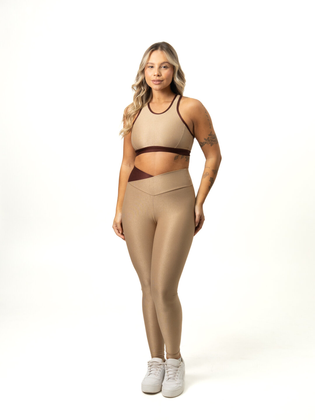Legging Bicolor Cós Cruzado + Top Aline – Compressão Nude/Cacau