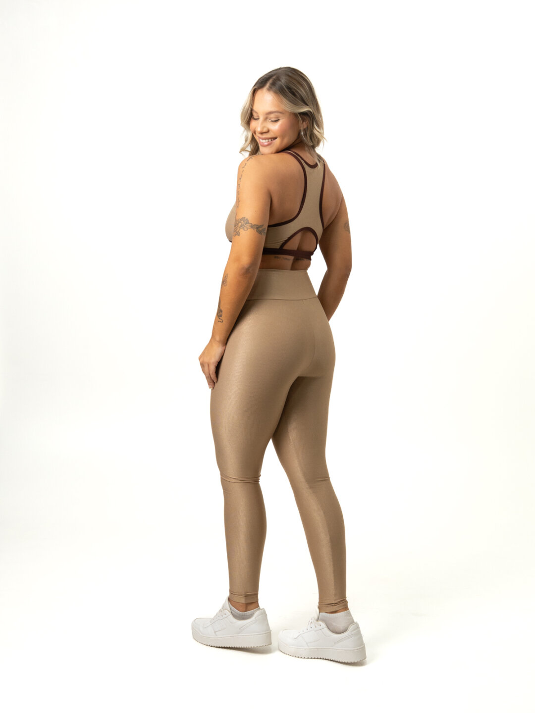 Legging Bicolor Cós Cruzado + Top Aline – Compressão Nude/Cacau - Image 3