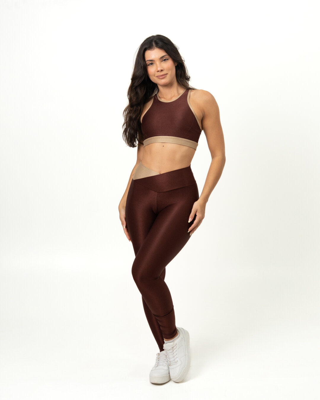 Legging Bicolor Cós Cruzado + Top Aline – Compressão Cacau/Nude - M