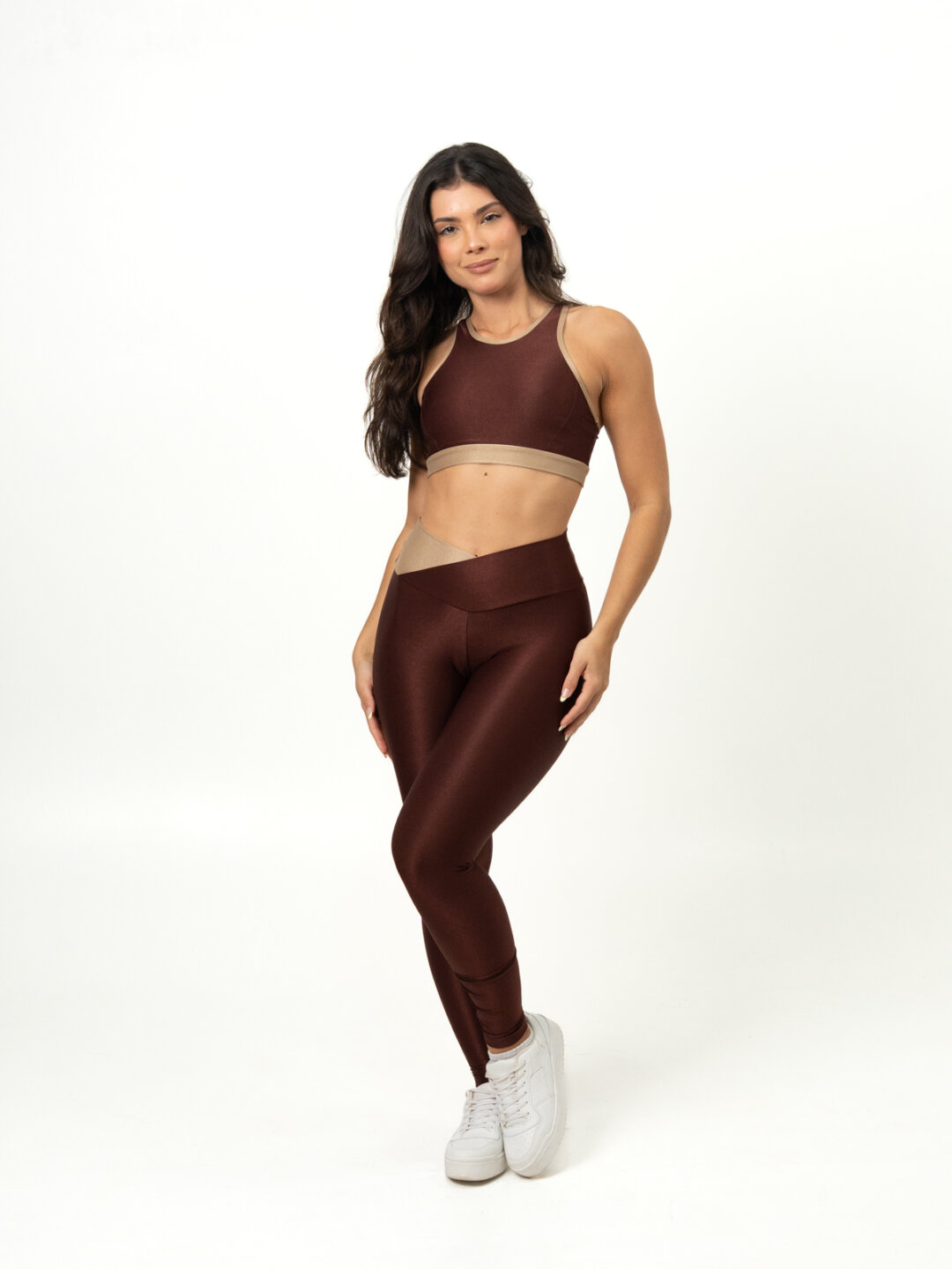 Legging Bicolor Cós Cruzado + Top Aline – Compressão Cacau/Nude