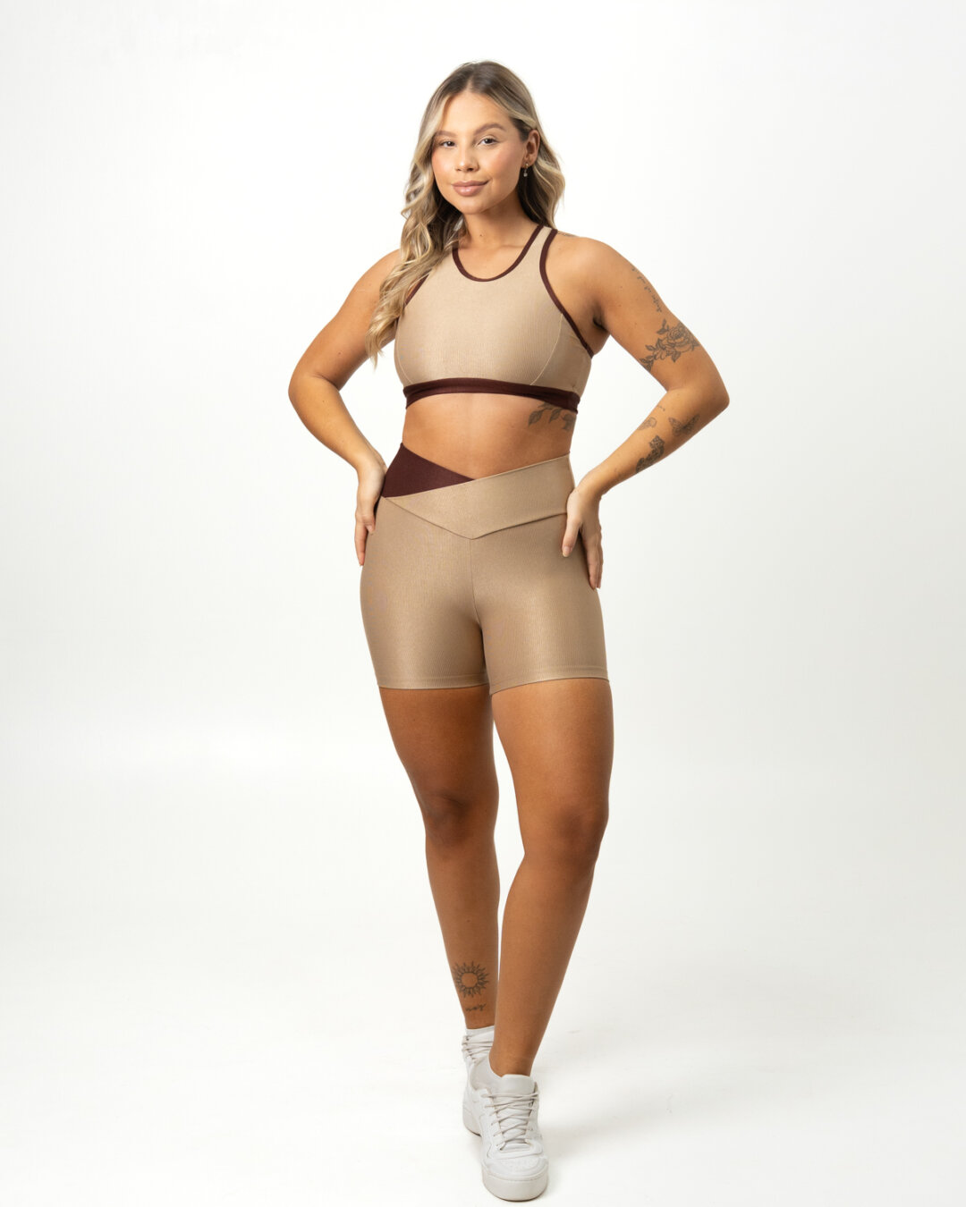 Short Bicolor Cós Cruzado + Top Aline - Compressão Nude/Cacau