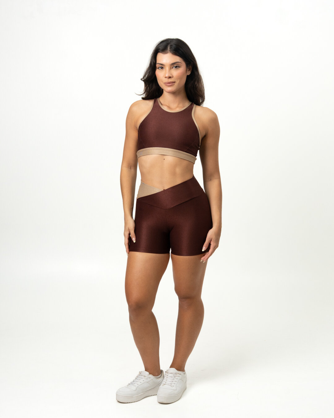 Short Bicolor Cós Cruzado + Top Aline - Compressão Cacau/Nude - M